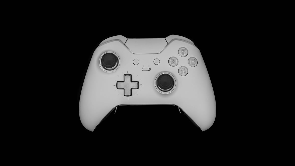 Xbox One controller 3D model preview, displayed on a homepage for new and used electronics sales.