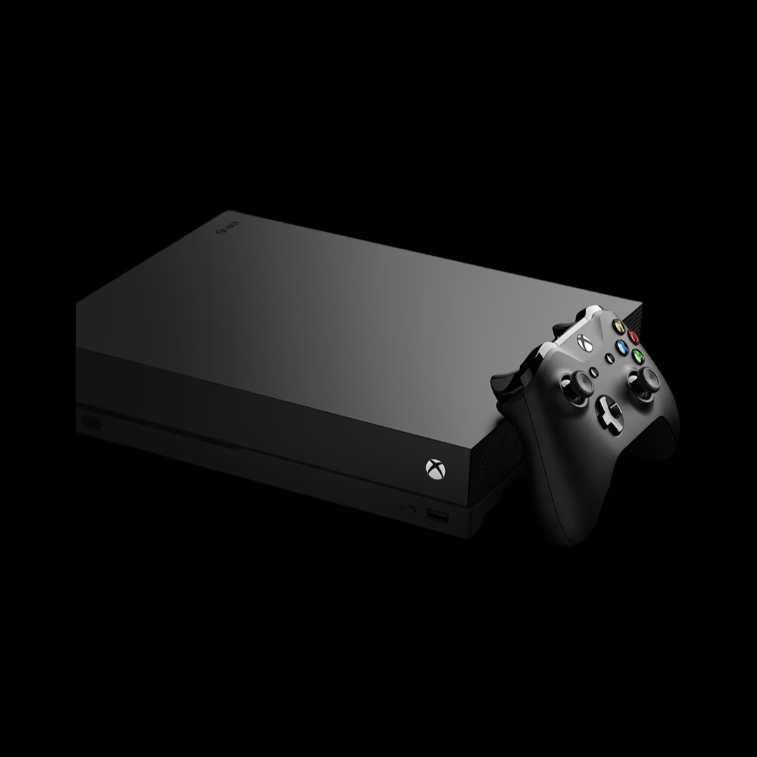 Xbox One console 3D model preview, displayed on a homepage for new and used electronics sales.